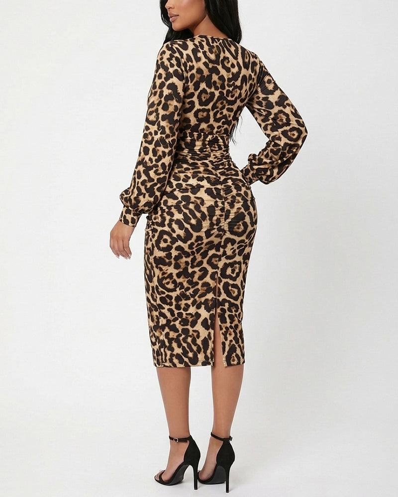 Curvvvy™ Leopard Print V-Neck Midi Dress