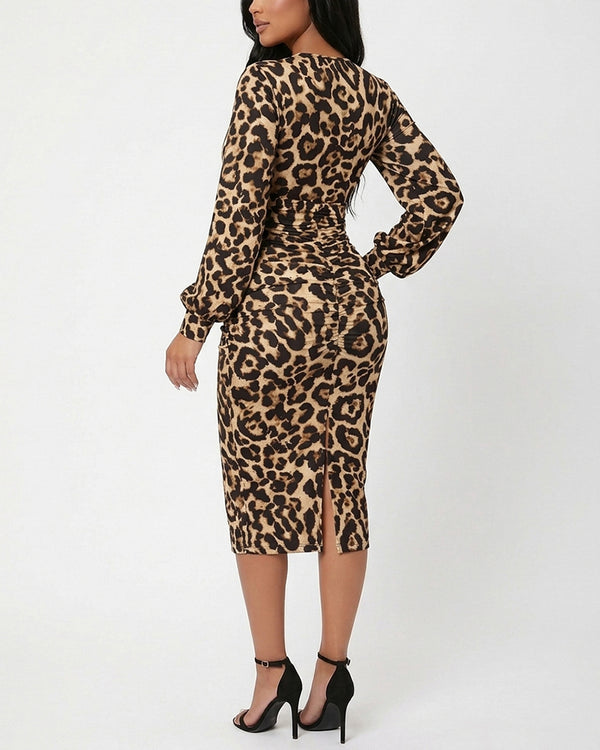 Curvvvy™ Leopard Print V-Neck Midi Dress