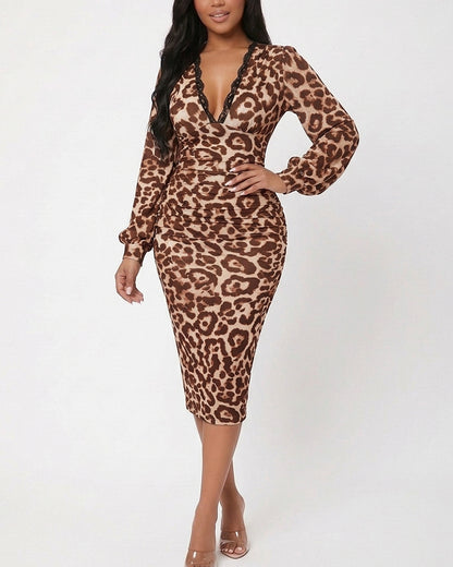 Curvvvy™ Leopard Print V-Neck Midi Dress