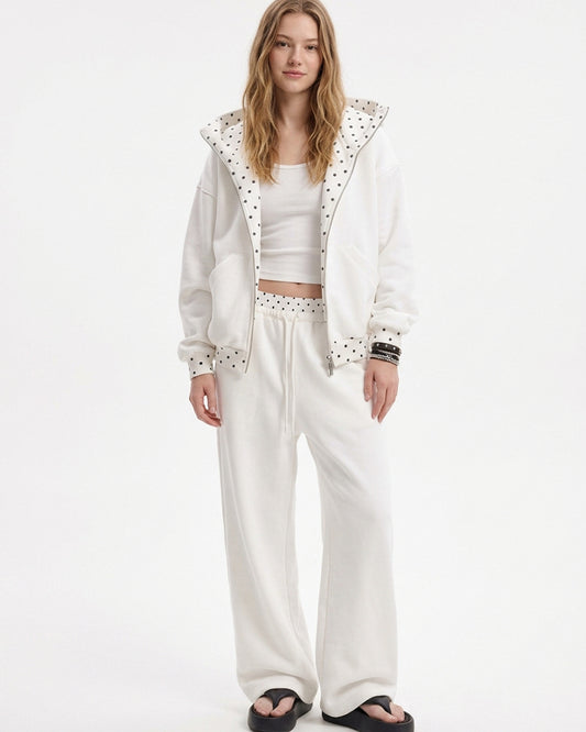 Curvvvy™ Polka Dot Trim Zip-Up Hoodie & Wide Leg Sweatpants Set