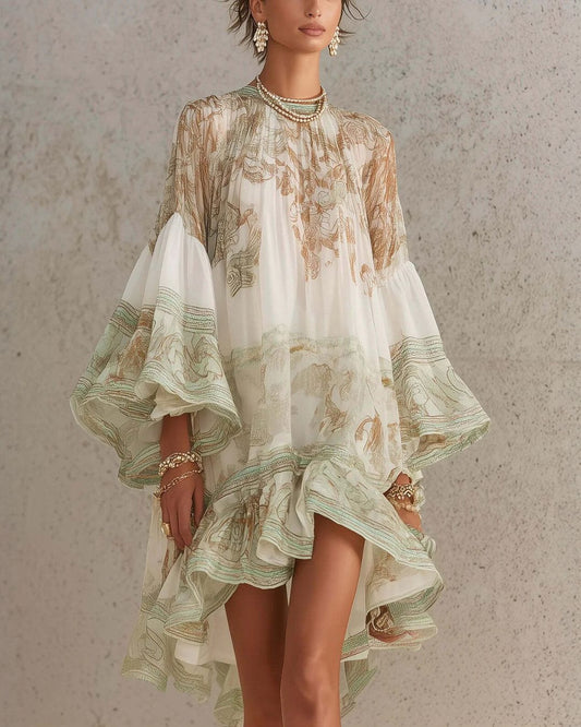Curvvvy™ Bell Sleeve Print Ruffle Mini Dress