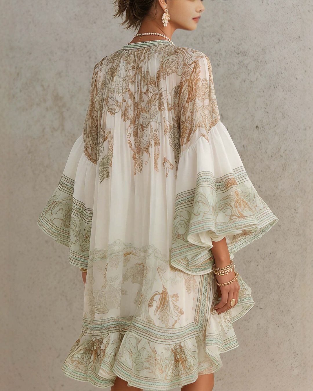 Curvvvy™ Bell Sleeve Print Ruffle Mini Dress