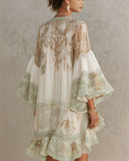 Curvvvy™ Bell Sleeve Print Ruffle Mini Dress