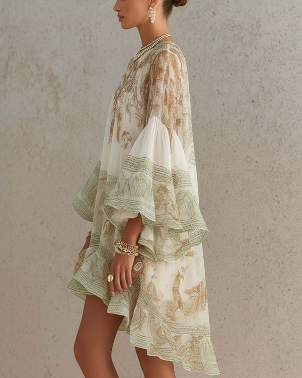 Curvvvy™ Bell Sleeve Print Ruffle Mini Dress