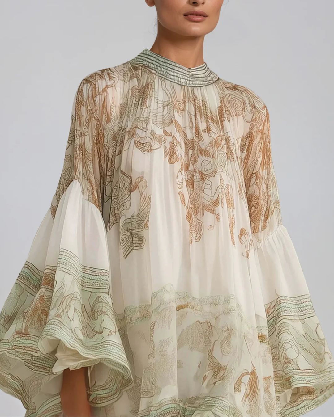 Curvvvy™ Bell Sleeve Print Ruffle Mini Dress