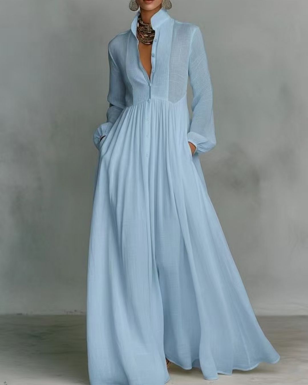 Curvvvy™ Stand-Up Collar Long-Sleeve Maxi Dress