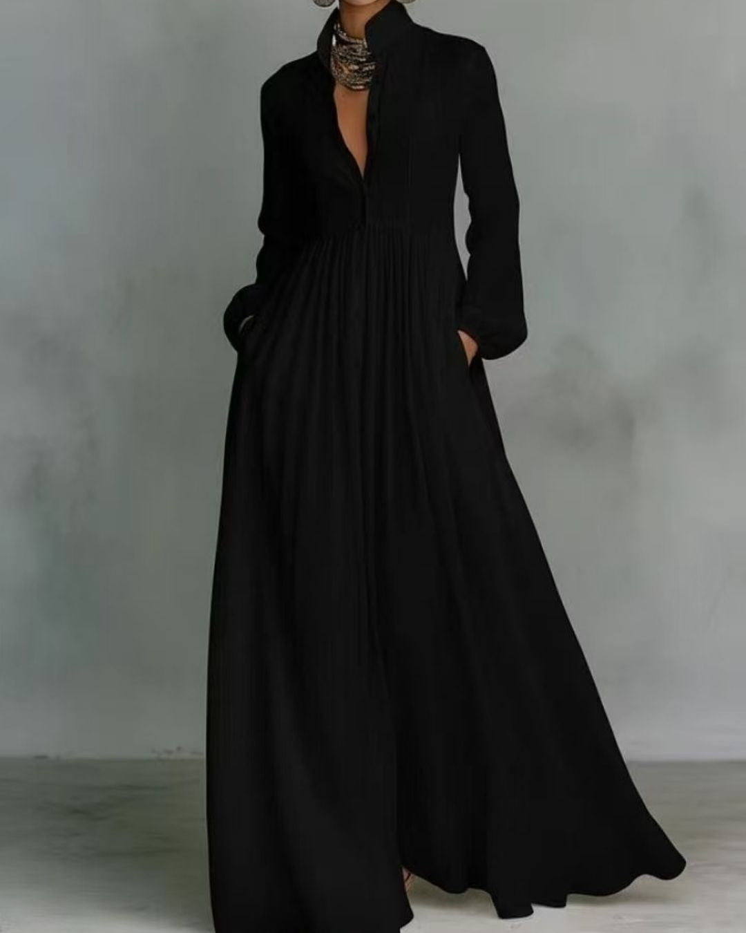Curvvvy™ Stand-Up Collar Long-Sleeve Maxi Dress