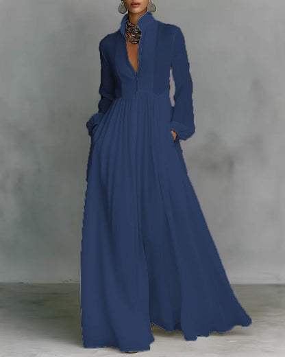 Curvvvy™ Stand-Up Collar Long-Sleeve Maxi Dress