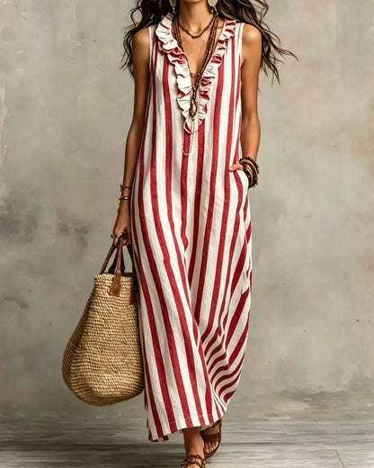 Curvvvy™ Stripe Ruffle V-Neck Pocket Dress