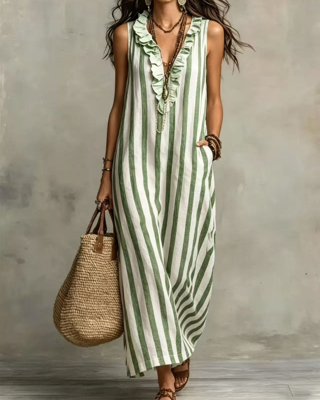 Curvvvy™ Stripe Ruffle V-Neck Pocket Dress