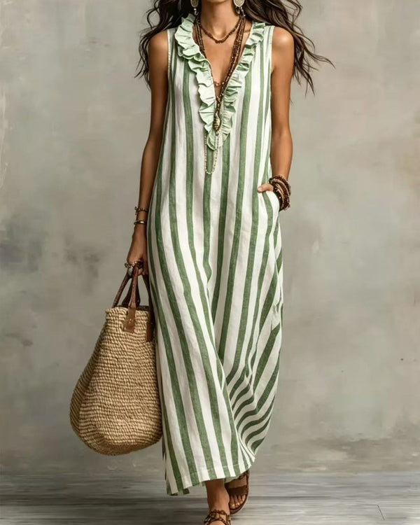 Curvvvy™ Stripe Ruffle V-Neck Pocket Dress
