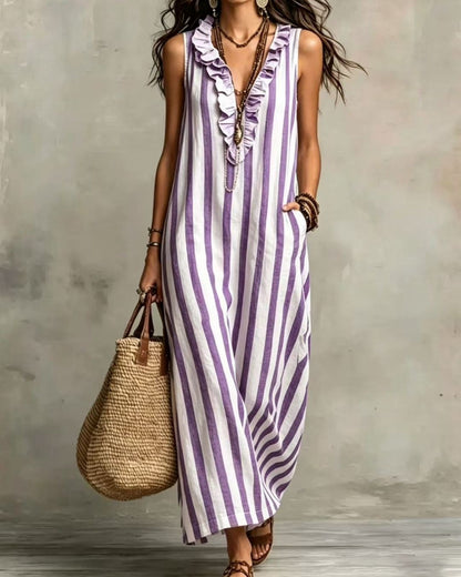 Curvvvy™ Stripe Ruffle V-Neck Pocket Dress