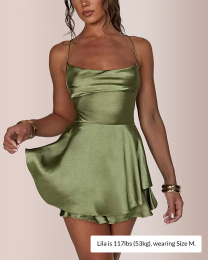Curvvvy™ Seductive Satin Cowl Neck Lace-Up Backless Mini Dress