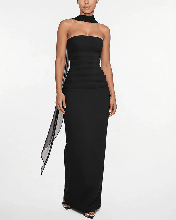 Curvvvy™ Ruched Strapless Bodycon Maxi Dress with Ethereal Mesh Scarf