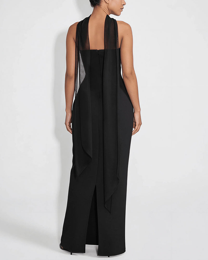Curvvvy™ Ruched Strapless Bodycon Maxi Dress with Ethereal Mesh Scarf
