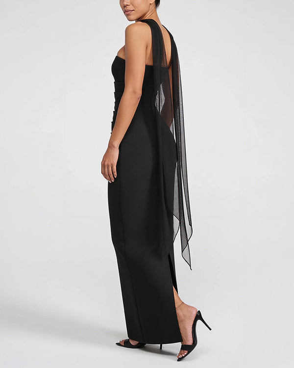 Curvvvy™ Ruched Strapless Bodycon Maxi Dress with Ethereal Mesh Scarf