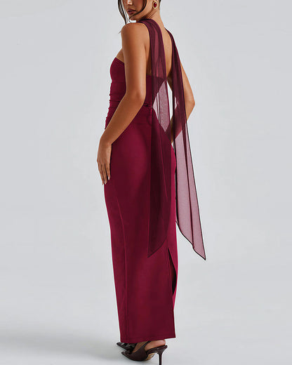 Curvvvy™ Ruched Strapless Bodycon Maxi Dress with Ethereal Mesh Scarf