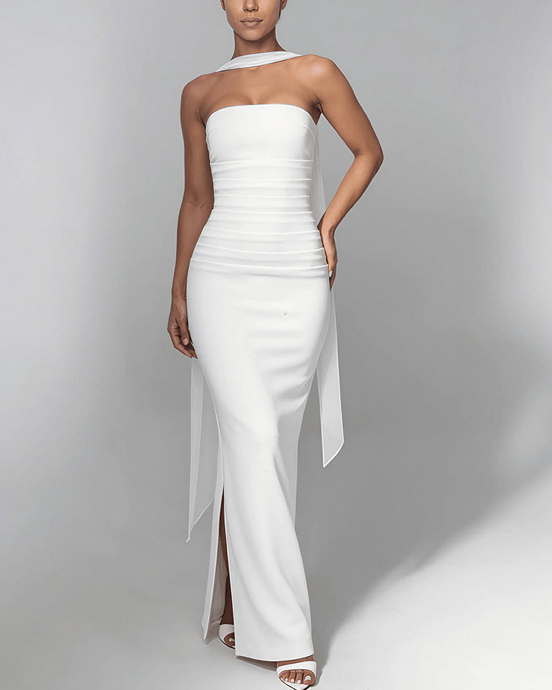 Curvvvy™ Ruched Strapless Bodycon Maxi Dress with Ethereal Mesh Scarf