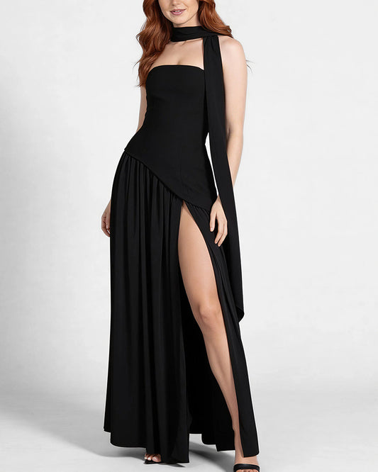 Curvvvy™ Strapless High-Slit Draped Maxi Evening Dress