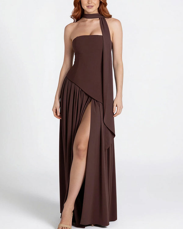 Curvvvy™ Strapless High-Slit Draped Maxi Evening Dress