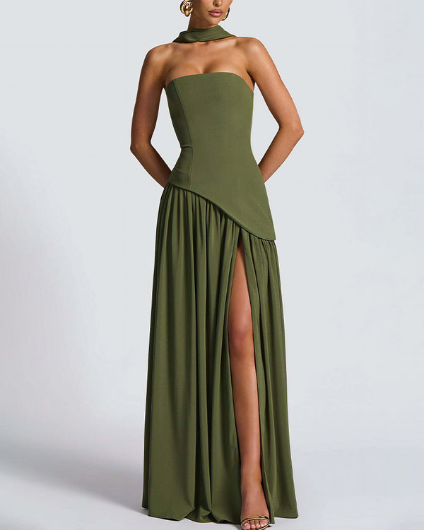 Curvvvy™ Strapless High-Slit Draped Maxi Evening Dress