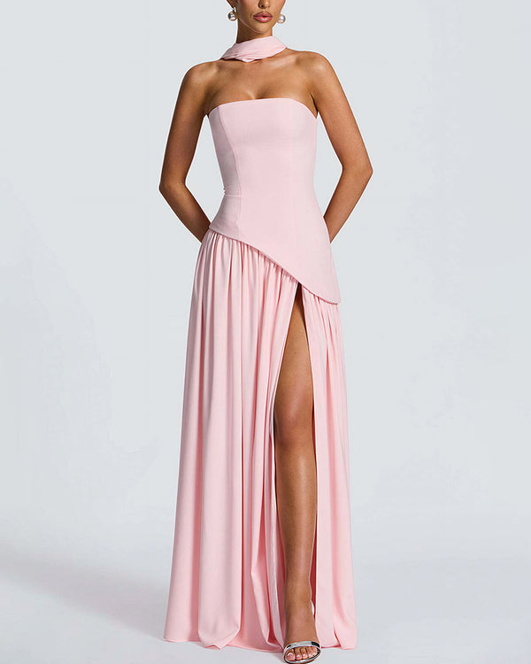Curvvvy™ Strapless High-Slit Draped Maxi Evening Dress