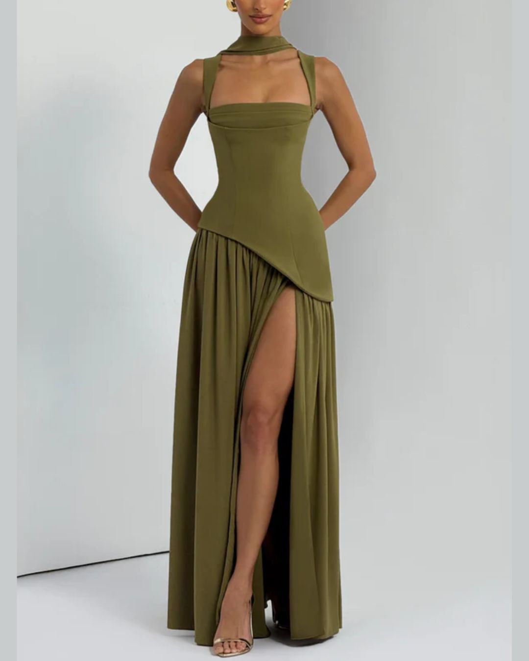 Curvvvy™ Scarf High Slit Ruched Waist Maxi Dress