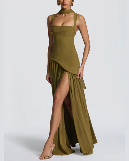 Curvvvy™ Scarf High Slit Ruched Waist Maxi Dress