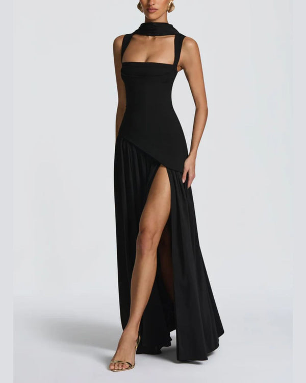 Curvvvy™ Scarf High Slit Ruched Waist Maxi Dress