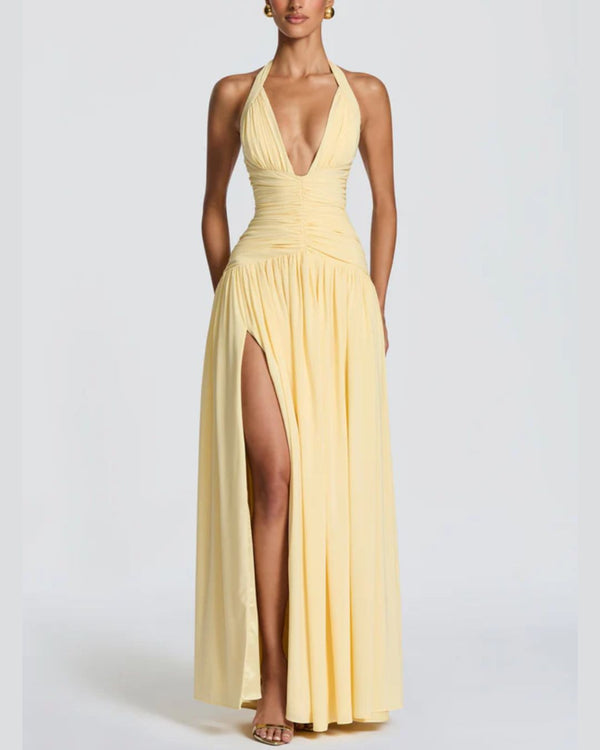 Curvvvy™ Halter High Slit Waist-Cinching Maxi Dress