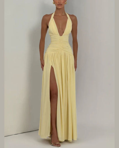 Curvvvy™ Halter High Slit Waist-Cinching Maxi Dress
