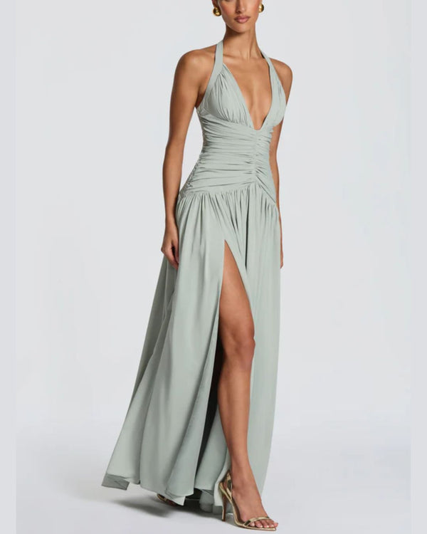 Curvvvy™ Halter High Slit Waist-Cinching Maxi Dress