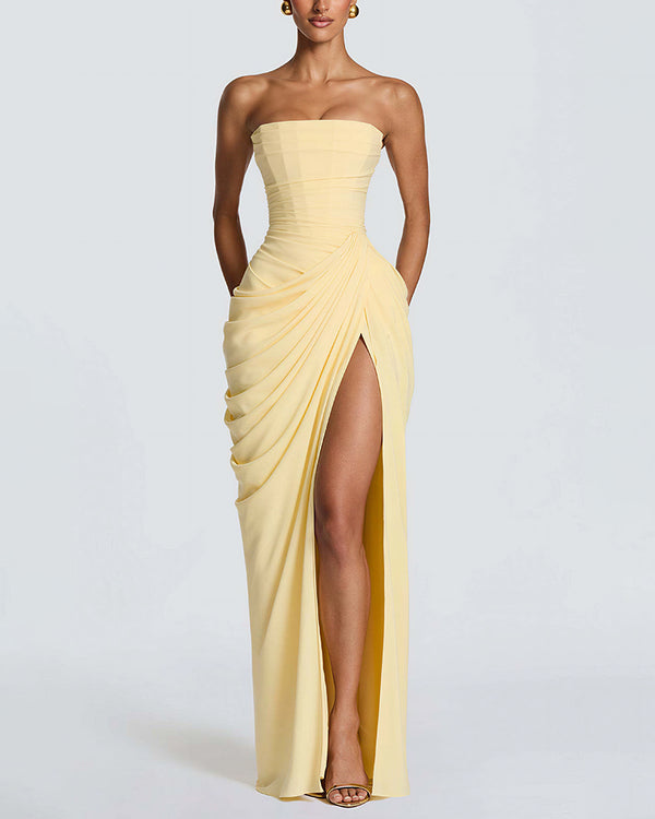 Curvvvy™ Strapless Ruched High Slit Corset Maxi Dress