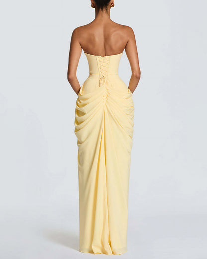 Curvvvy™ Strapless Ruched High Slit Corset Maxi Dress