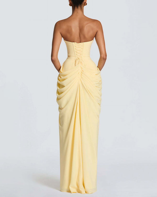 Curvvvy™ Strapless Ruched High Slit Corset Maxi Dress