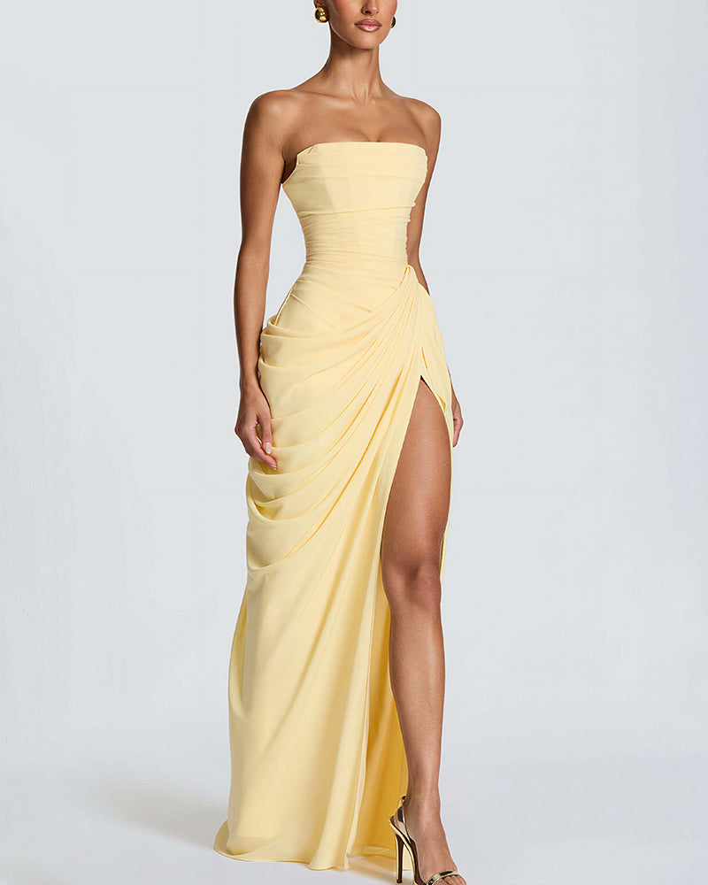 Curvvvy™ Strapless Ruched High Slit Corset Maxi Dress