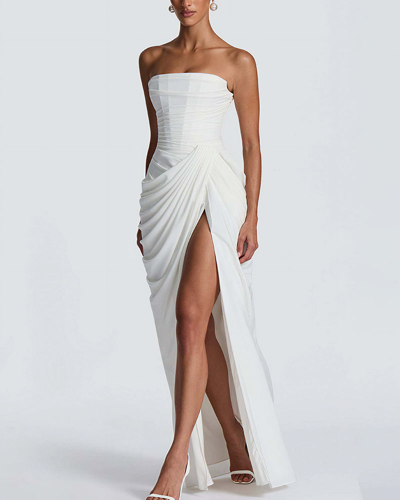 Curvvvy™ Strapless Ruched High Slit Corset Maxi Dress