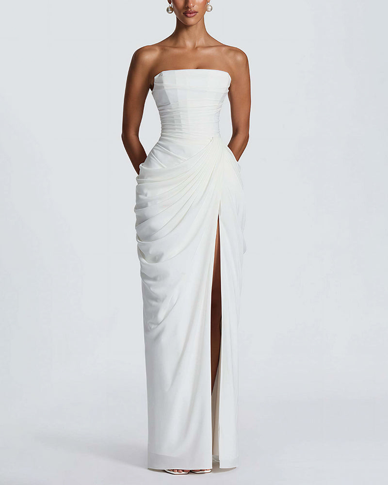 Curvvvy™ Strapless Ruched High Slit Corset Maxi Dress