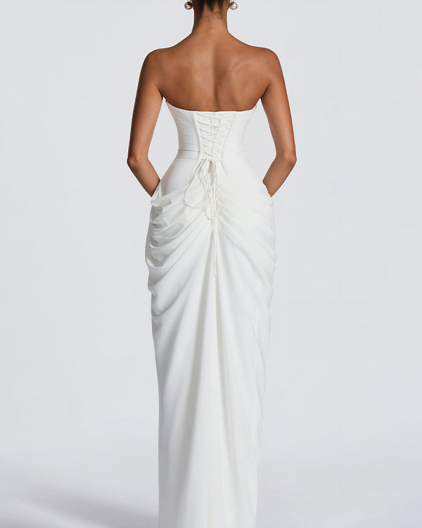 Curvvvy™ Strapless Ruched High Slit Corset Maxi Dress
