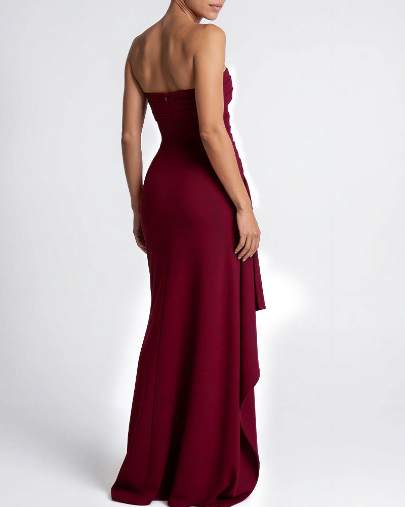 Curvvvy™ Elegant Strapless Ruched High Slit Maxi Evening Gown