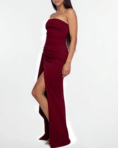 Curvvvy™ Elegant Strapless Ruched High Slit Maxi Evening Gown