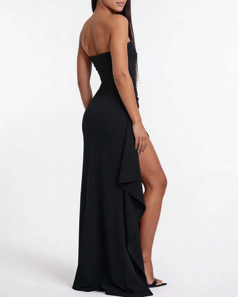Curvvvy™ Elegant Strapless Ruched High Slit Maxi Evening Gown