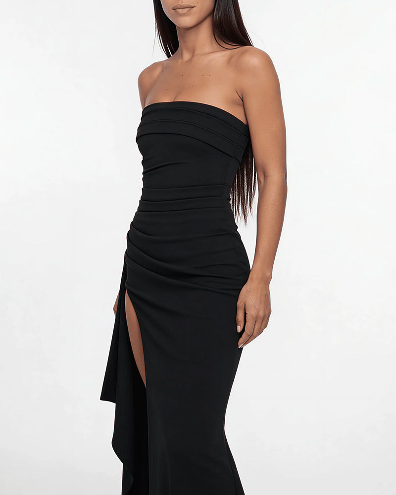 Curvvvy™ Elegant Strapless Ruched High Slit Maxi Evening Gown