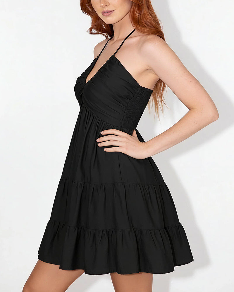 Curvvvy™ Halter V-Neck Tiered Mini Dress