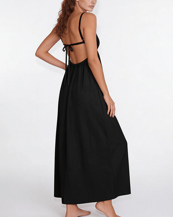 Curvvvy™ Sun-Kissed V-Neck Backless Maxi Slip Dress