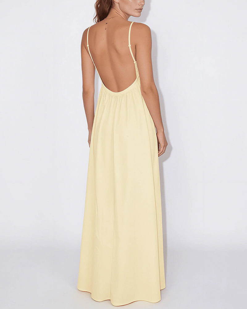 Curvvvy™ Sun-Kissed V-Neck Backless Maxi Slip Dress