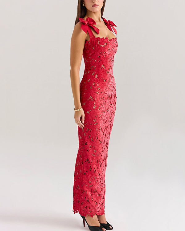 Curvvvy™ Enchanting Lace Bow-Strap Bodycon Maxi Dress