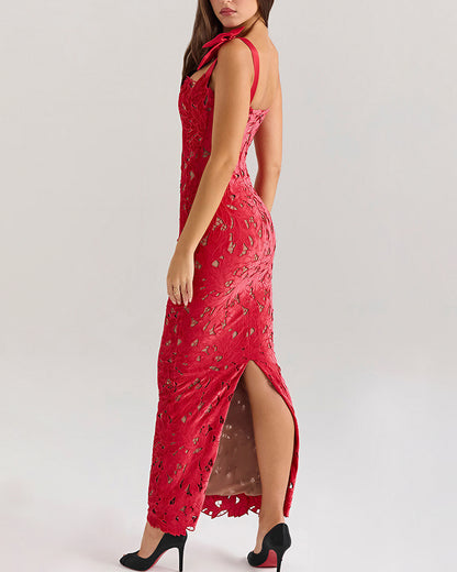 Curvvvy™ Enchanting Lace Bow-Strap Bodycon Maxi Dress