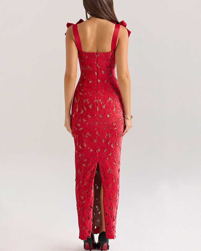 Curvvvy™ Enchanting Lace Bow-Strap Bodycon Maxi Dress