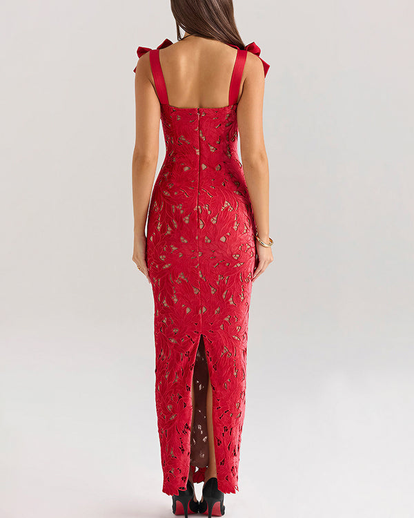 Curvvvy™ Enchanting Lace Bow-Strap Bodycon Maxi Dress
